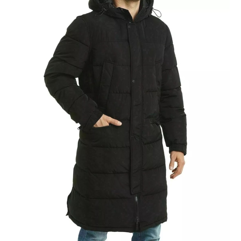 Vince Camuto Mens Long Hooded Puffer Jacket Black  Water Resistant Medium